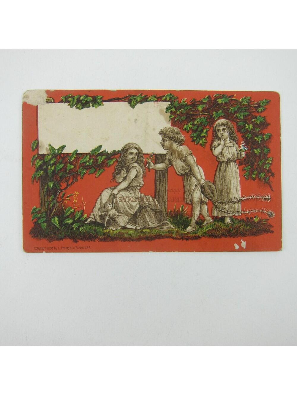 Victorian Trade Card Christmas Boy Flowers Girls Doll Red & Green Antique 1878